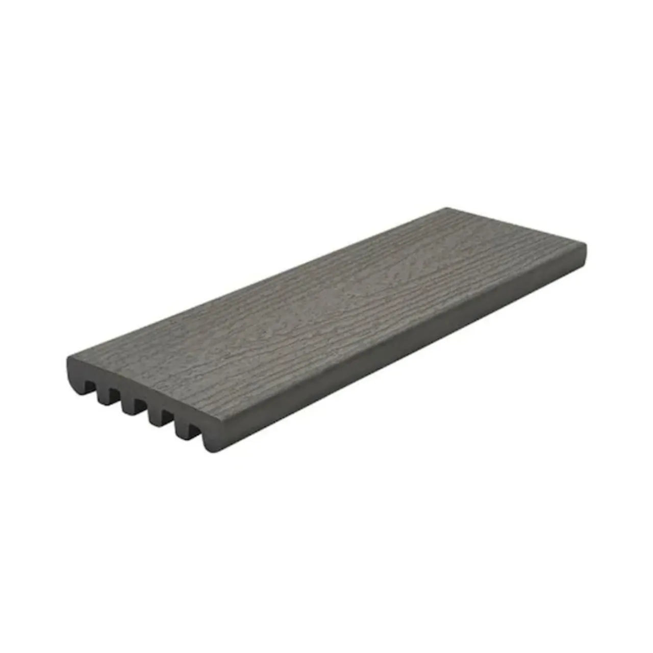 Go Build Enhance Basics 1 in. x 5-1/2 in. x 8 ft. Square Edge Composite Decking Board in Clam Shell gray features a wood grain texture and square edge profile, shown on a white background.